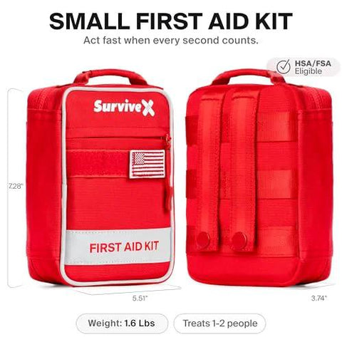 SurviveX small red first aid kit, front view with white FIRST AID KIT panel and US flag patch.
SurviveX small red first aid kit, back view showing straps and carrying handle.