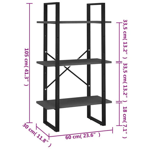 Three Tier Industrial Grey Storage Shelf Engineered Wood Freestanding Bookcase For Living Room And Basement, 105x60x30cm dimensions