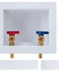 Washer Box With Pex A Expansion Inlet One Half Inch To Three Quarters Inch MHT Outlet Brass Valves Installed And Four Expansion Rings For Easy Hookup To Your Washing Machine And Laundry Piping, white box with brass valves