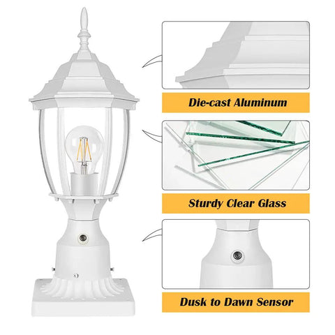 Dusk To Dawn Outdoor Post Light With Pier Mount Base, Waterproof Aluminum Lantern Head With Clear Glass Panels, and Sensor