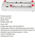 Electric Business Card Cutter With Chamfered Edges And Smooth Nine Blade Action Includes Fifty Matte Cards, top view showing controls and paper feed.