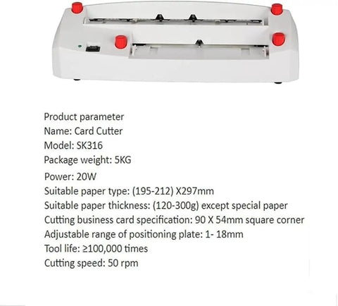 Electric Business Card Cutter With Chamfered Edges And Smooth Nine Blade Action Includes Fifty Matte Cards, top view showing controls and paper feed.