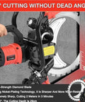 Heavy Duty Electric Concrete Circular Saw With Brushless Motor And Titanium Blade Using Water Cooling Dust Control For High Speed Cutting Through Granite And Hard Stone Runs Smooth With Zero Hassle And Straight Up Knockout Cuts close up showing 90-degree cutting angle and diamond blade.