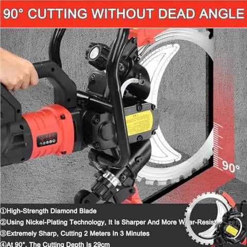 Heavy Duty Electric Concrete Circular Saw With Brushless Motor And Titanium Blade Using Water Cooling Dust Control For High Speed Cutting Through Granite And Hard Stone Runs Smooth With Zero Hassle And Straight Up Knockout Cuts close up showing 90-degree cutting angle and diamond blade.