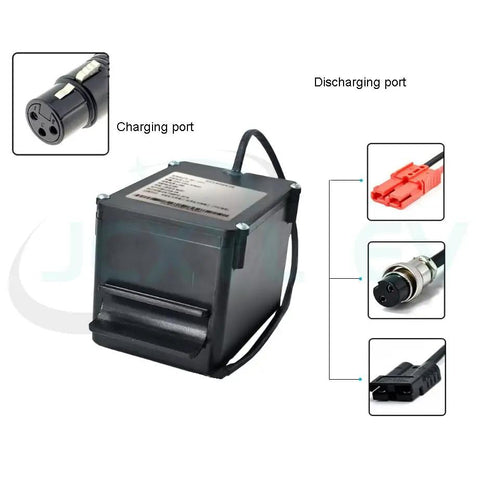 Heavy Duty 24V Lithium Ion Wheelchair Battery Replacement With Smart Bms Protection showing charging and discharging ports.