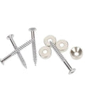 Set Of 4 Chrome Guitar Neck Joint Ferrule Bushings With Matching Screws, Zinc Alloy Replacement Parts, Durable And Easy To Install, Ideal For Replacing Worn Or Damaged Guitar Or Bass Hardware, chrome ferrules and screws on white background
