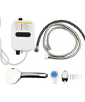 Instant Tankless Electric Water Heater 3500W With Lcd Display Compact components including shower tap and hoses.