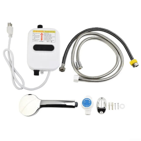 Instant Tankless Electric Water Heater 3500W With Lcd Display Compact components including shower tap and hoses.