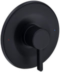 Shower and tub trim kit, front view, matte black with round backplate and single lever, Moen Posi-Temp compatible