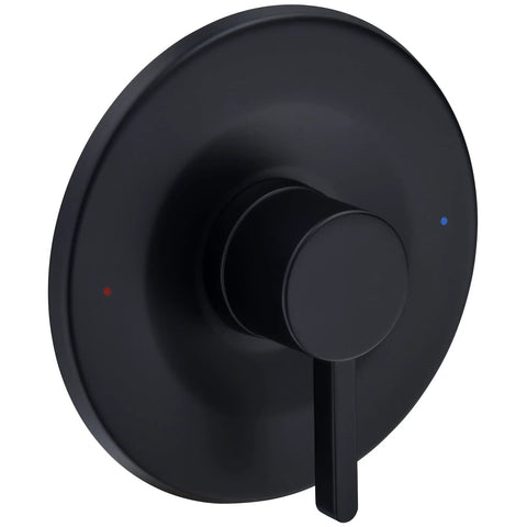 Shower and tub trim kit, front view, matte black with round backplate and single lever, Moen Posi-Temp compatible