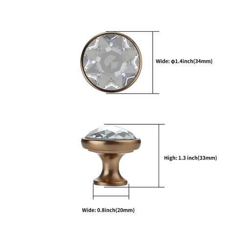 Champagne Bronze Kitchen Cabinet Knobs 10 Pack With Clear Crystal Dresser Drawer Knobs measurements diagram
