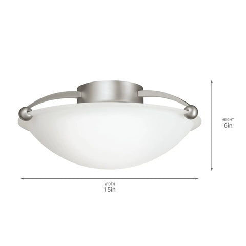 Glass Semi Flush Ceiling Light Fixture With Brushed Nickel Finish, Two Light, 150 Watt Max, Fifteen Inch Wide, Front View