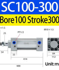 Long Stroke Pneumatic Cylinder With 4 Inch Bore And 12 Inch Stroke Magnetic Beefy Heavy Duty Dual Acting Aluminum Air Cylinder displayed with dimensions