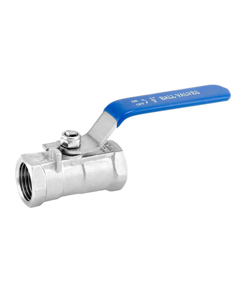 1/2 Inch NPT Stainless Steel Ball Valve with blue handle, female to female connection, 304 stainless, standard port, low torque