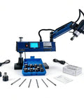 Slick Flexible Arm Servo Tapping Machine With 600 Watt Motor And 360 Rotation Offers Variable Speed Up To 312 RPM For M3 To M16 Threading featuring various collets and accessories.
