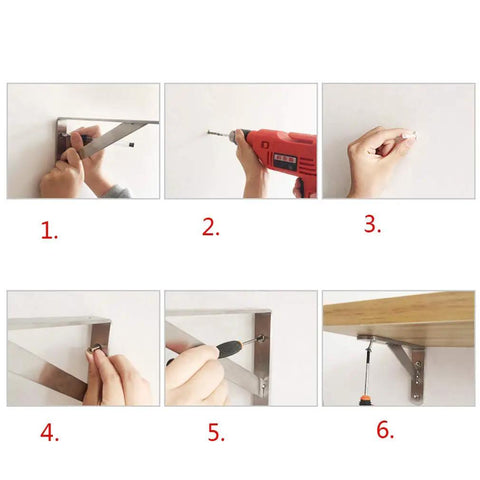 Installing Heavy Duty White Folding Shelf Brackets for Sturdy Metal Floating Wall Units with complete mounting hardware.