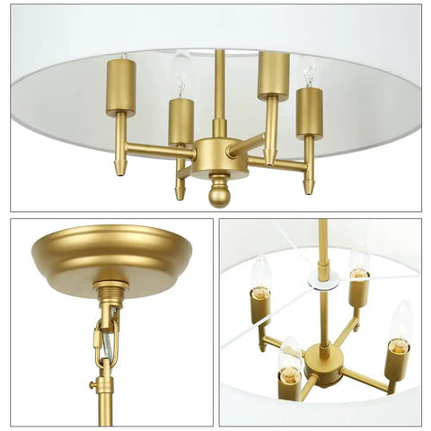 4 Light Gold Modern Drum Chandelier With White Linen Shade 17.7 Inch Pendant Light Fixture showcasing antique brass finish details