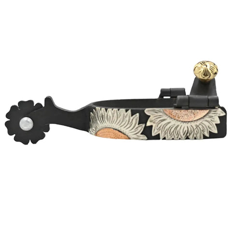 Ladies Sunflower Spurs With Flower Overlay In Brown Iron, Durable Western Riding Spurs For Women And Youth, side view