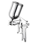 Pneumatic Paint Spray Gun With Huge 400ml Pot For Auto Body Shops And Car Care. Metal construction, detailed view of spray nozzle and cup.