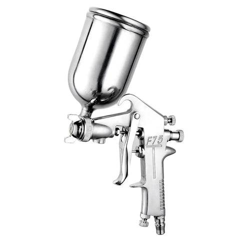 Pneumatic Paint Spray Gun With Huge 400ml Pot For Auto Body Shops And Car Care. Metal construction, detailed view of spray nozzle and cup.