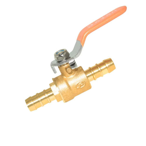 Brass 1/2-inch barbed shut-off ball valve with orange lever and hose barb fittings