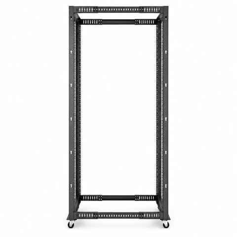 Beast Mode Heavy Duty 42U Server Rack Open Frame With Adjustable 23 To 41 Inch Depth, black metal, four-post design, front view.
