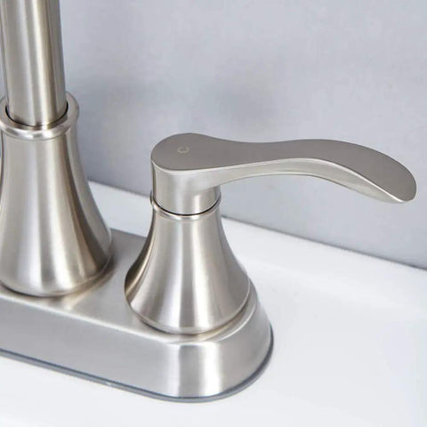 Close-up of 2-Handle Brushed Nickel Bathroom Sink Faucet With 360 Degree Swivel High Arc Spout and 4 Inch Centerset