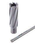 ACTOOL carbide-tipped annular cutter set, 1 in dia x 2 in DOC with 3/4 in Weldon shank (front view).