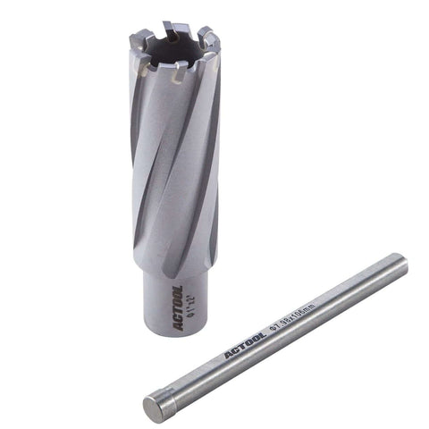 ACTOOL carbide-tipped annular cutter set, 1 in dia x 2 in DOC with 3/4 in Weldon shank (front view).