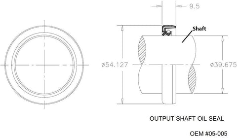 Output shaft oil seal drawing with front and side views, showing shaft and diameters Ø54.127 and Ø39.675.