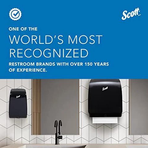 Two black Scott toilet paper dispensers mounted on a tiled restroom wall under a blue Scott banner.