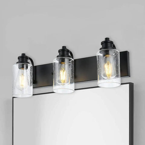 Three Light Black Vanity Light Fixtures Over Mirror With Seeded Glass Shades Industrial Wall Mount Lamps For The Bathroom