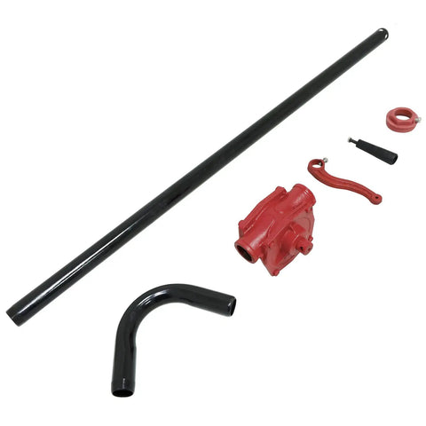 No Gimmicks Real Deal Heavy Duty Manual Rotary Hand Pump parts including black and red components, suitable for diesel gasoline and kerosene.