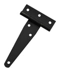 Black heavy duty T hinge for barn doors, made of iron, ideal for garden sheds and fence installations.