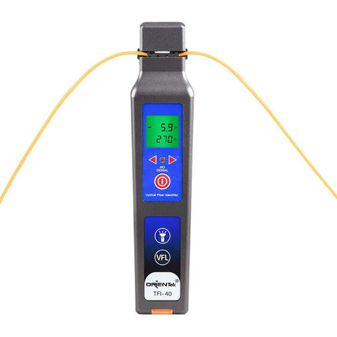 All In One Optical Fiber Identifier with 10 mW VFL and 800 to 1700 nm detector showing digital display, fits 0.25-3.0 mm cables