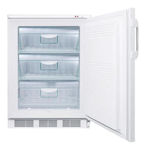 Built Tough Undercounter Freezer, 3.5 Cubic Foot Commercial Storage with three removable baskets and white finish.