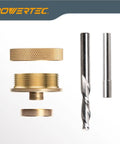 Knockout Router Inlay Kit featuring Solid Brass Bushing Guide, Precision Centering Pin and Tungsten Carbide bits.