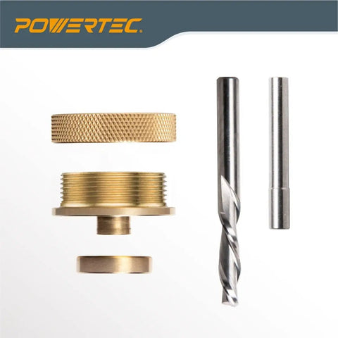 Knockout Router Inlay Kit featuring Solid Brass Bushing Guide, Precision Centering Pin and Tungsten Carbide bits.