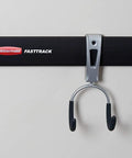 Must Have FastTrack Garage Hook Set 6 Pack Heavy Duty Powder Coated Metal Hangers For Ladders Tools Ropes Hoses Bikes And More Installs On Rails Easily Holds Up To 25 Lbs Each mounted on rail