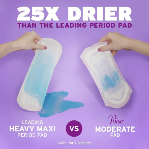 Comparison of heavy maxi period pad with Poise moderate pad demonstrating 25x drier claim with absorption test in progress.