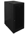 Heavy Workhorse Floor Standing Server Cabinet 40 Inch Wide 27U Rack Enclosure With Shop Grade Cooling For Home Lab Network Gear Rig And Data Storage Black, angled view.