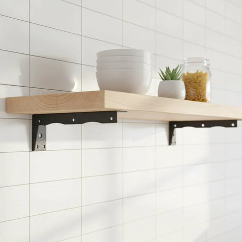 Heavy Duty Cold Rolled Steel L Shaped Bracket for Floating Shelves Black Finish Wall Mount Support Hardware shown with shelf in kitchen