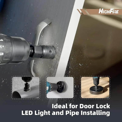 HighFire 19-pc hole saw set shown on a drill; insets illustrate cutting holes in wood and PVC board.