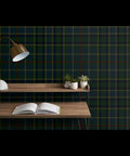 Built Tough Heavy Duty Textured Vinyl Wall Covering Custom Printed Leather Look Design Commercial Grade High Traffic Ready wall with shelf and lamp.