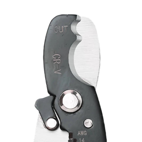 Close-up of the solid manganese steel jaws of the Straight Up Eight Inch Heavy Duty Electric Wire Stripper and Cable Crimper Tool.