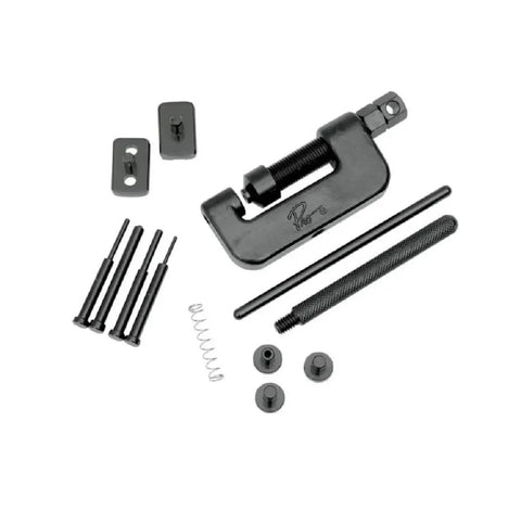 Motorcycle Chain Breaker Press Riveting Tool Kit with components for 520 525 530 chains, including hollow and soft nose pins