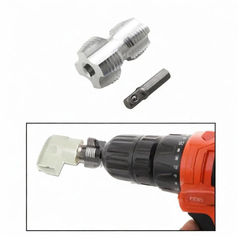 Heavy Duty Metal Pvc Pipe Threader Kit With Four And Six Point Dies For 20Mm And 26Mm Lines, showing threaded dies and drill attachment.