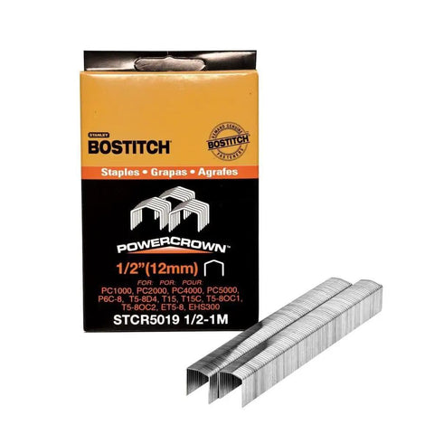 Heavy Duty PowerCrown Staples Half Inch Crown By Seven Sixteenths Inch Legs With Coated Finish box and stacked staples