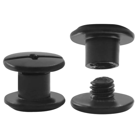 Durable Black Carbon Steel Chicago Screws M5 X 4Mm 50 Piece Heavy Duty Shoulder Bolts for leather crafts shown from multiple angles.