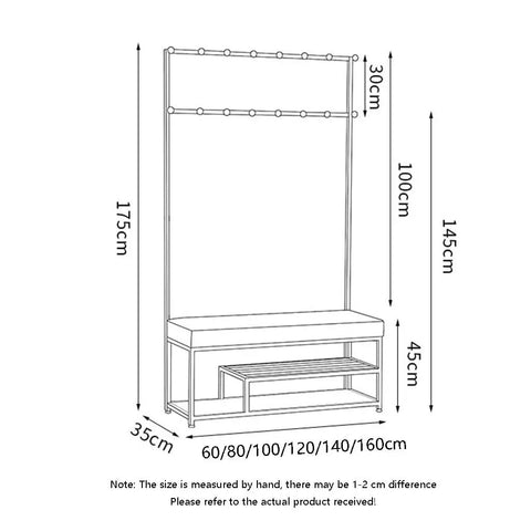 Heavy Duty Entryway Coat Rack With Shoe Storage Bench And Sturdy Hooks For Hallways dimensions sketch showing measurements and design details.